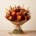 Ramo Otoño con dalias borgoña y rosas naranjas