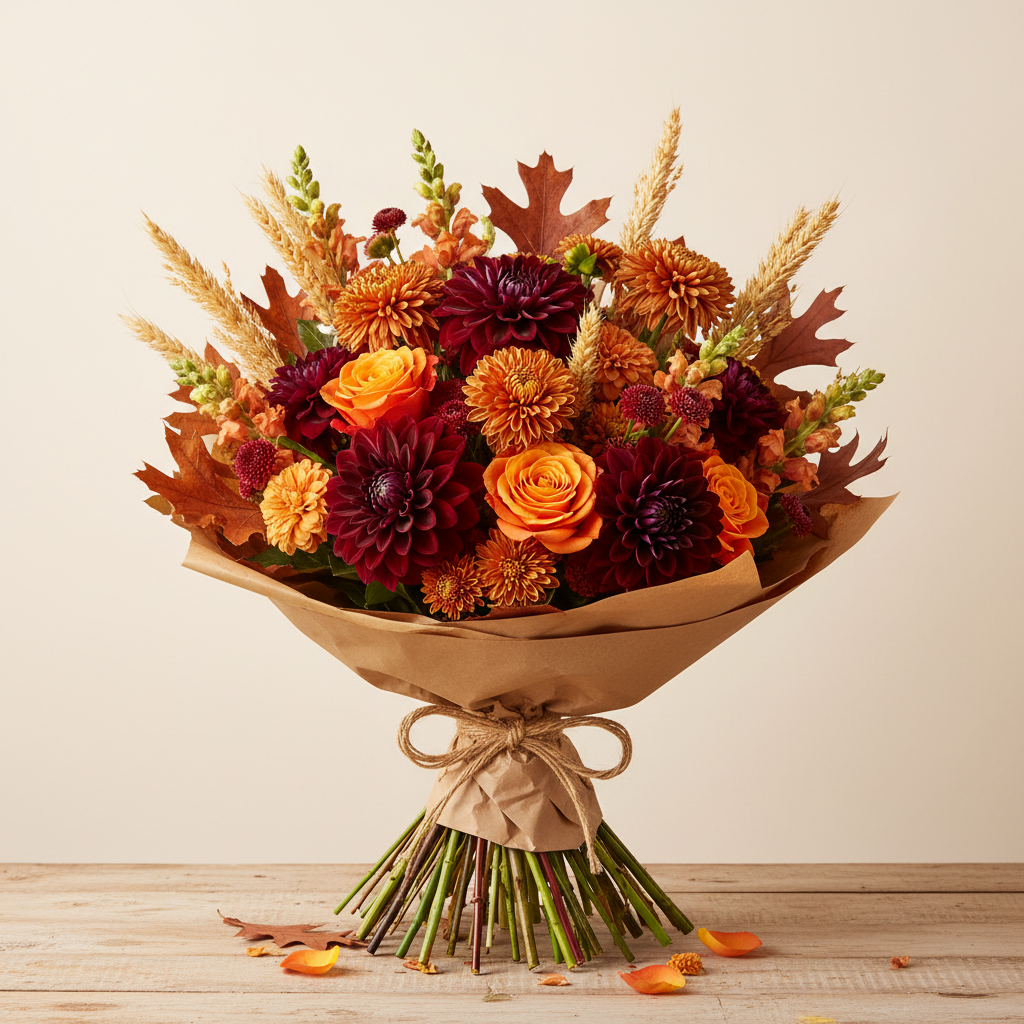 Ramo Otoño con dalias borgoña y rosas naranjas
