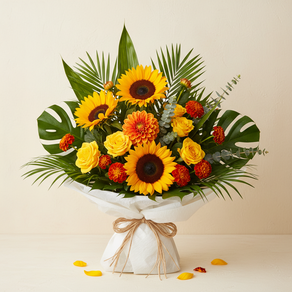 Ramo Verano con girasoles y flores tropicales