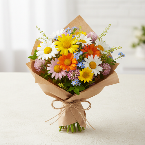 Ramo Alegría con margaritas y flores silvestres en papel kraft